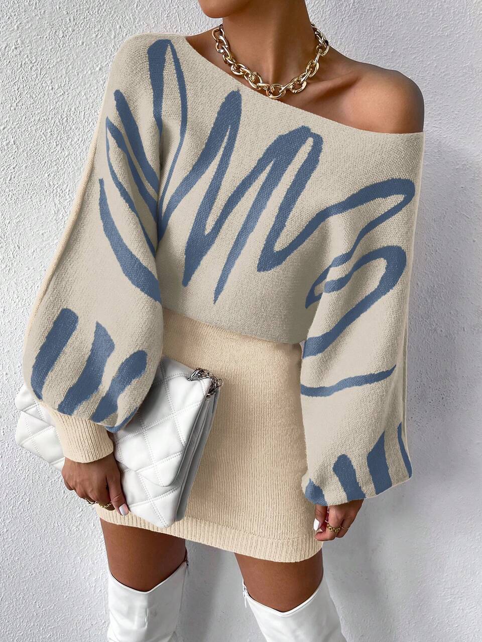 Graphic Pattern Batwing Sleeve Sweater Dress Fall Winter Cloth For Women