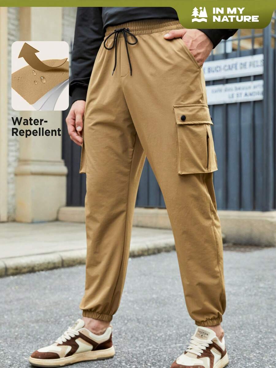 In My Nature Men Flap Pocket Side Drawstring Waist Cargo Pants - Khaki - View 1