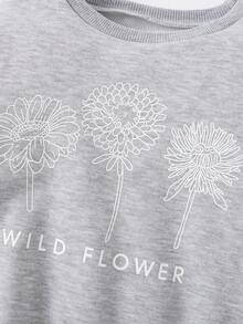 SHEIN 女大童花卉和字母圖案落肩袖套頭衫和運動褲 - 灰色 - 查看 7