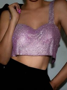 Pink Rhinestone Metallic Crop Tops Sparkly Crystal Tank Top Y2k Spaghetti Strap Tube Top Rave Party Clubwear - Pink - View 1
