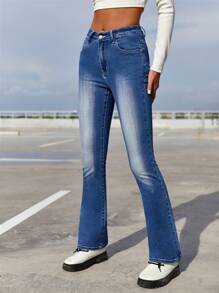 SHEIN ICON Letter Graphic Flare Leg Jeans - Medium Wash - View 6