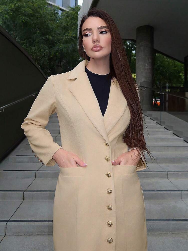 Lapel Neck Button Front Tweed Overcoat