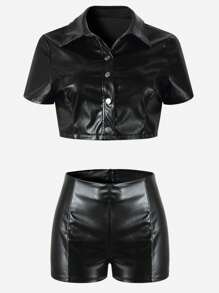 Button Front Crop PU Leather Top & Shorts Music Festival , Rock Punk, Goth - 黑色 - 查看 3