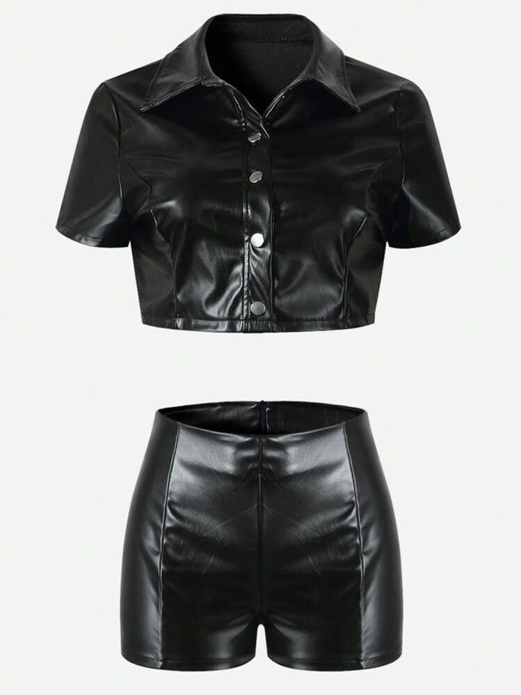 Conjunto de top corto y shorts de piel de poliuretano con botones delanteros, adecuado para festivales de música, estilo casual rock punk, gótico - Negro - Añade 2