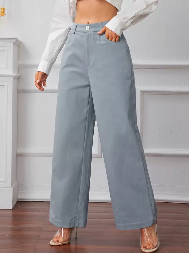 SHEIN Frenchy 100% High Waist Wide Leg Pants Winter - Blue - View 4
