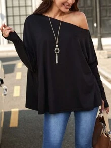 SHEIN LUNE 素色不對稱領蝙蝠袖T恤 - 黑色 - 查看 3