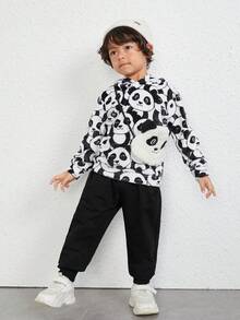 Young Boy Panda Print Sweatshirt With Bag - Black and White - View 6