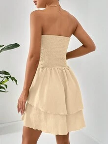 SHEIN Privé 素色褶邊抹胸洋裝 - 杏色 - 查看 2