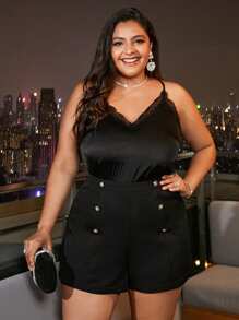 SHEIN Frenchy 大碼高腰紐扣細節短褲 - 黑色 - 查看 5