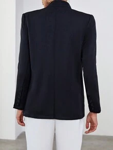 SHEIN Essnce 素色繫帶領紐扣開襟西裝外套 - 黑色 - 查看 2