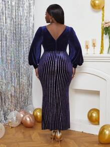 SHEIN Lady Plus Split Thigh Velvet Dress - Blue - View 2