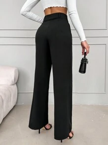 EURMUSE Slant Pocket Wide Leg Suit Pants - Black - View 2