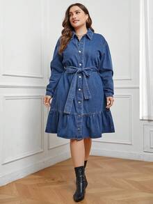 SHEIN LUNE Hơn Nút phía trước Xù Hoa Sen Thắt lưng Đầm Denim - Rửa trung bình - Xem 5