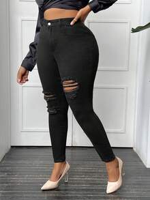 SHEIN SXY Vaqueros Pitillo Rasgados De Talla Grande - Negro - Ver 6