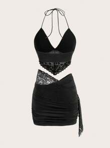 SHEIN ICON 露背繫帶繞頸短上衣&包臀半身裙&袖套 - 黑色 - 查看 2