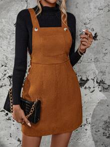 SHEIN Frenchy Solid Pocket Front Overall Dress Without Sweater - Khaki - View 4