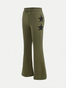 SHEIN Tween Girl Star Print Flare Leg Sweatpants - Army Green - View 1