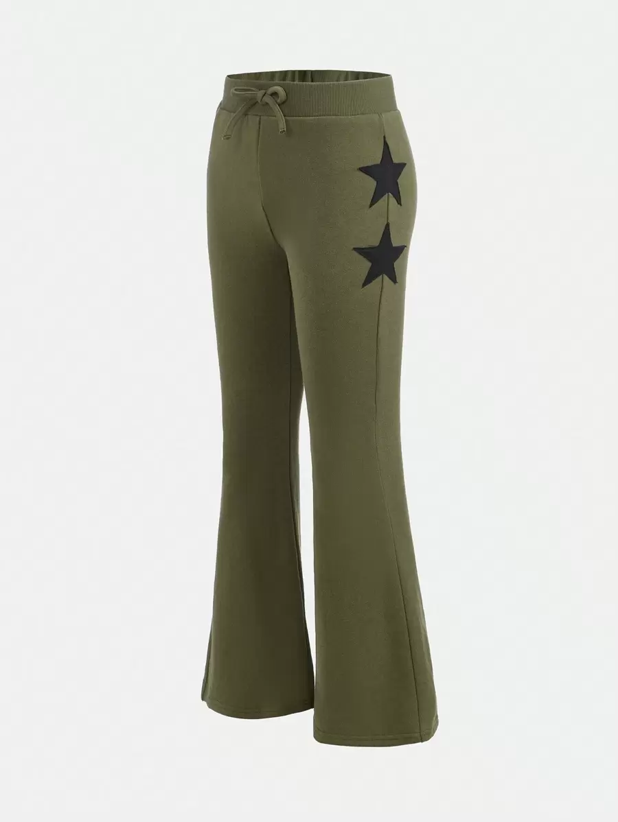 SHEIN Tween Girl Star Print Flare Leg Sweatpants - Army Green - View 1