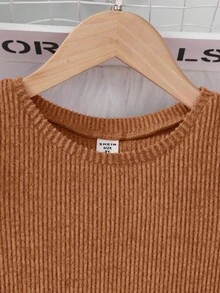 SHEIN 青少女集成圓領針織連衣裙，珍珠珠片和泡泡袖 - 鏽棕色 - 查看 5