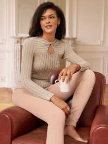 SHEIN Frenchy Solid High Waist Leggings Brown Casual - Khaki - View 4