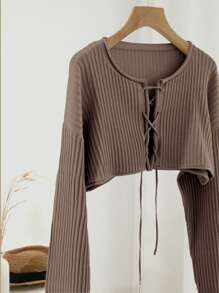 DAZY Lace lên phía trước Thả vai Cắt sửa áo lông cừu Without Tee - Cà phê nâu - Xem 3