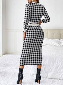 SHEIN Privé Mô hình Gingham Nút phía trước Áo nịt & Váy dệt kim - Đen và trắng - Xem 2