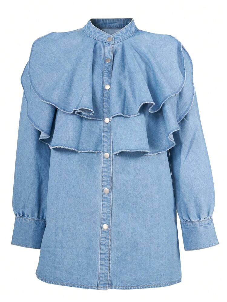 Ruffle Trim Button Front Denim Shirt