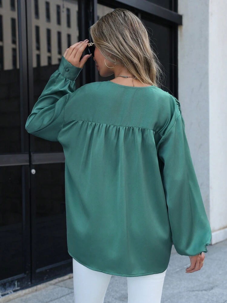 Solid V Neck Bishop Sleeve Blouse