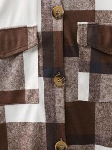 Teen Girl Plaid Print Flap Pocket Curved Hem Overcoat