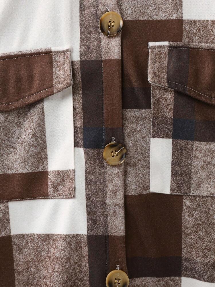 Teen Girl Plaid Print Flap Pocket Curved Hem Overcoat