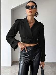 SHEIN Essnce 雙排釦帶扣細節短款風衣外套 - 黑色 - 查看 4