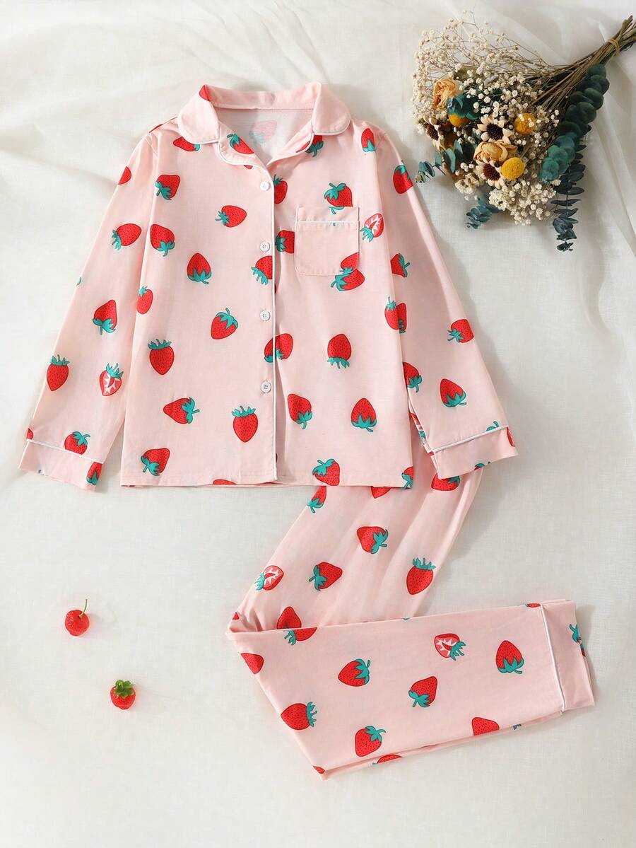 SHEIN Cô gái Tween In Dâu tây Nút phía trước Áo sơ mi & Quần Bộ PJ - Hồng - Xem 1
