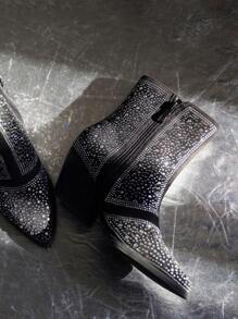 New Arrival Pointed Toe Fashion Women's Short Boots, Black Rhinestone Inlay Style With 3d Shiny Rhinestone, Zipper Closure - Black - View 1