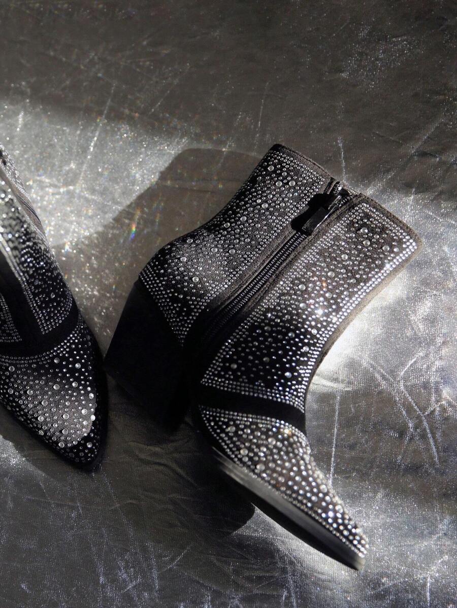 New Arrival Pointed Toe Fashion Women's Short Boots, Black Rhinestone Inlay Style With 3d Shiny Rhinestone, Zipper Closure - Black - View 1