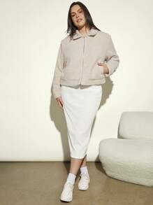 SHEIN BASICS Plus Zip Up Teddy Jacket - Apricot - View 5