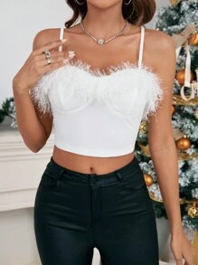 SHEIN Privé 毛茸邊緊身吊帶 - 白色 - 查看 5