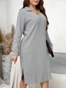 SHEIN LUNE Hơn Tách đùi Đồ đan Ribbed Đầm Không có thắt lưng - Xám - Xem 4