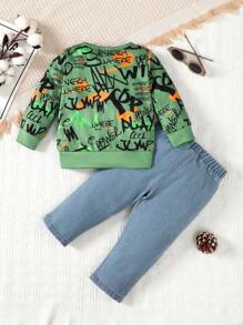 男嬰字母圖案運動衫&破洞補丁貼牛仔褲 - 綠色 - 查看 2