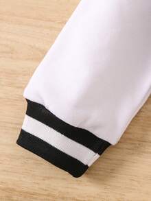 SHEIN Young Girl Letter & Cartoon Patched Striped Trim Varsity Jacket & Pleated Skirt - Black and White - View 5