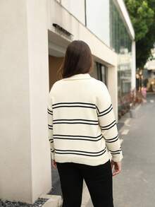 Calvaya Plus Striped Pattern Drop Shoulder Sweater Knit Pullover Fall Winter Sweater - Apricot - View 2