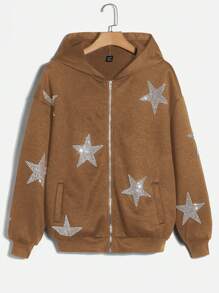 SHEIN EZwear Capucha con diamante de imitación con patrón de estrella de hombros caídos cremallera - Marrón - Ver 1