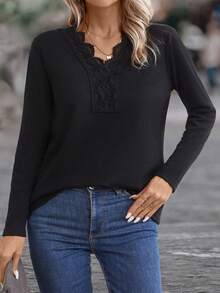 SHEIN LUNE Guipure Lace Trim Ribbed Knit Tee - Black - View 5
