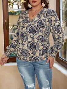 SHEIN VCAY Plus Allover Print Lantern Sleeve Blouse - Multicolor - View 3