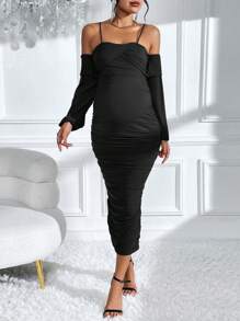 SHEIN Maternity Cold Shoulder Ruched Bodycon Dress - Black - View 4