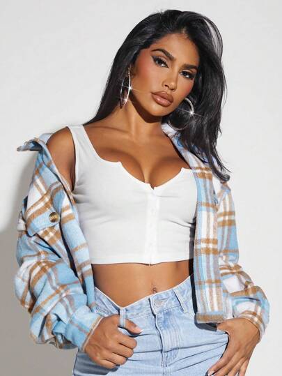 SHEIN SXY Plus Size Front Button Plaid Casual Jacket, Everyday Wear