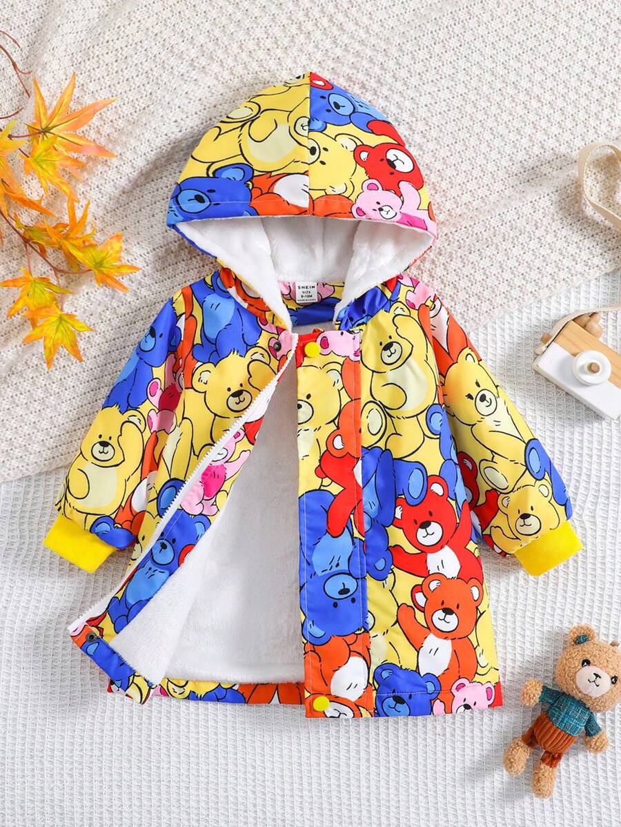 Baby Boy Cartoon Graphic Teddy Lined Hooded Coat - Multicolor - View 1