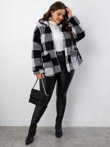 SHEIN LUNE Plus Buffalo Plaid Pattern Dual Pocket Drop Shoulder Teddy Coat - Multicolor - View 6