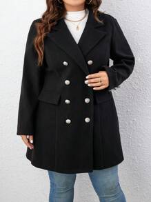 SHEIN Clasi 大碼雙排釦翻蓋細節花呢外套 - 黑色 - 查看 3