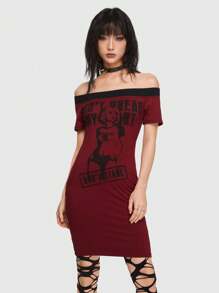 ROMWE Grunge Punk Khẩu hiệu & Hình ảnh Off Shoulder Váy liền áo vừa vặn - Nhiều màu - Xem 3