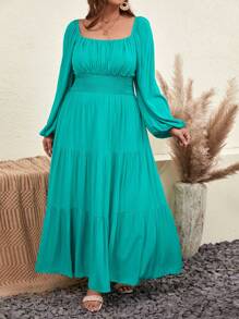 SHEIN VCAY Plus Square Neck Lantern Sleeve Ruched Bust Ruffle Hem Dress - Green - View 4
